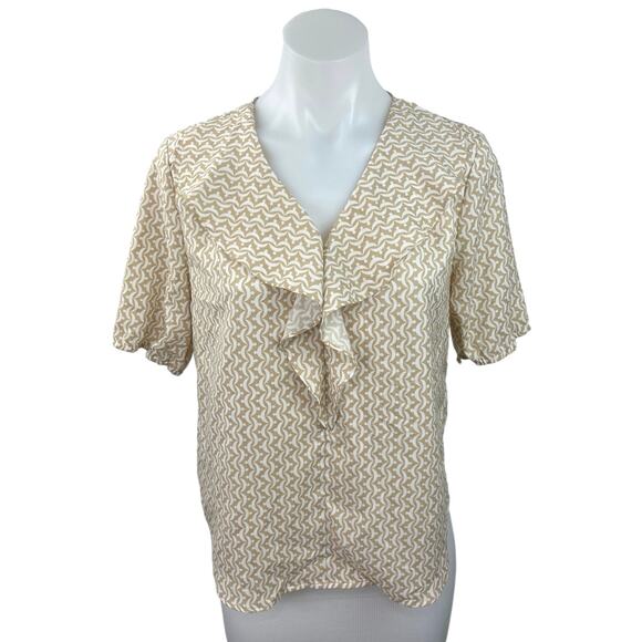 Ann Taylor Beige Geometric Print Ruffle V-Neck Geo Drape Front Blouse Top Size S - Picture 1 of 4